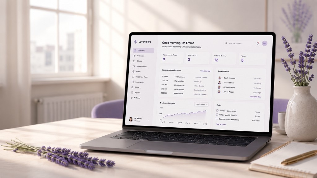 Lavendiora dashboard on a laptop with lavender on the desk